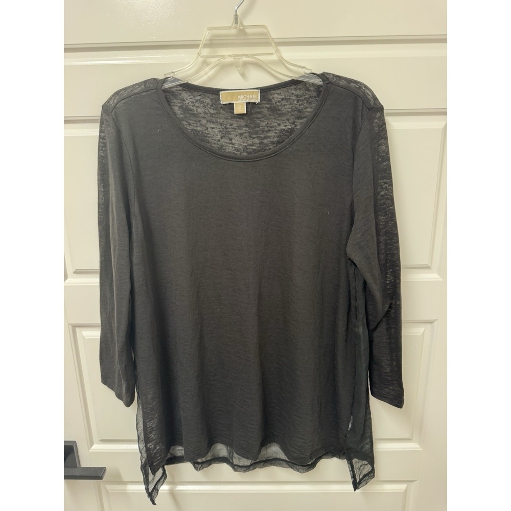 XL Michael Kors Black Knit Top Burnout Chiffon Back Hi Lo Hem Blouse